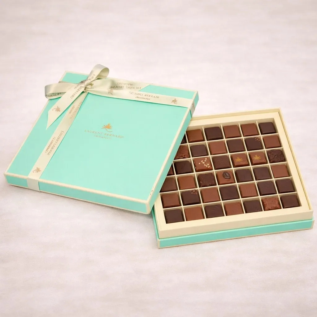 Luxury 36-piece artisan chocolate box by Laurent Bernard Chocolatier, featuring handcrafted assorted pralines in an elegant turquoise and gold gift box, premium chocolate gift with delivery in Singapore
